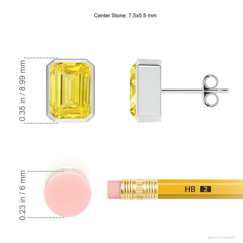 7.5x5.5mm Labgrown Classic Emerald-Cut Lab-Grown Fancy Intense Yellow Diamond Solitaire Stud Earrings in White Gold ruler