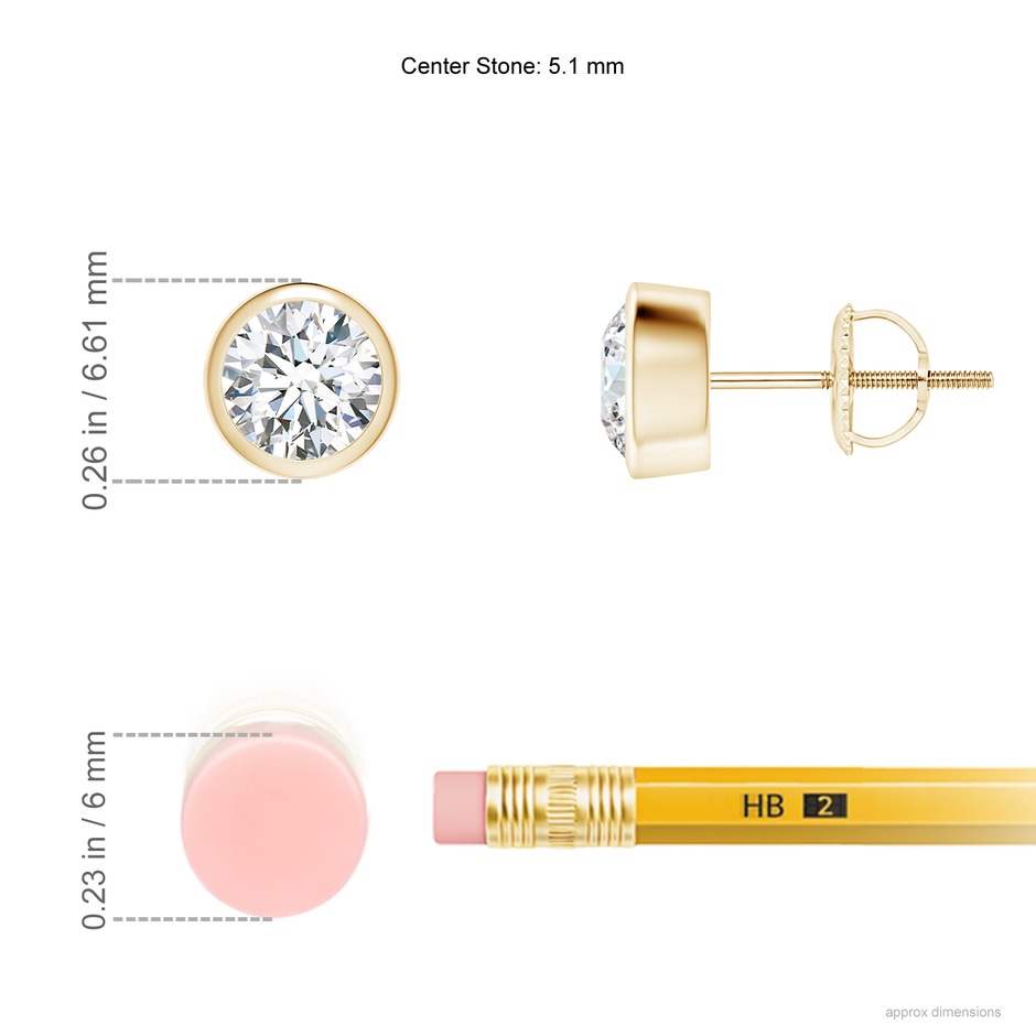 5.1mm FGVS Lab-Grown Classic Round Diamond Solitaire Stud Earrings in Yellow Gold ruler