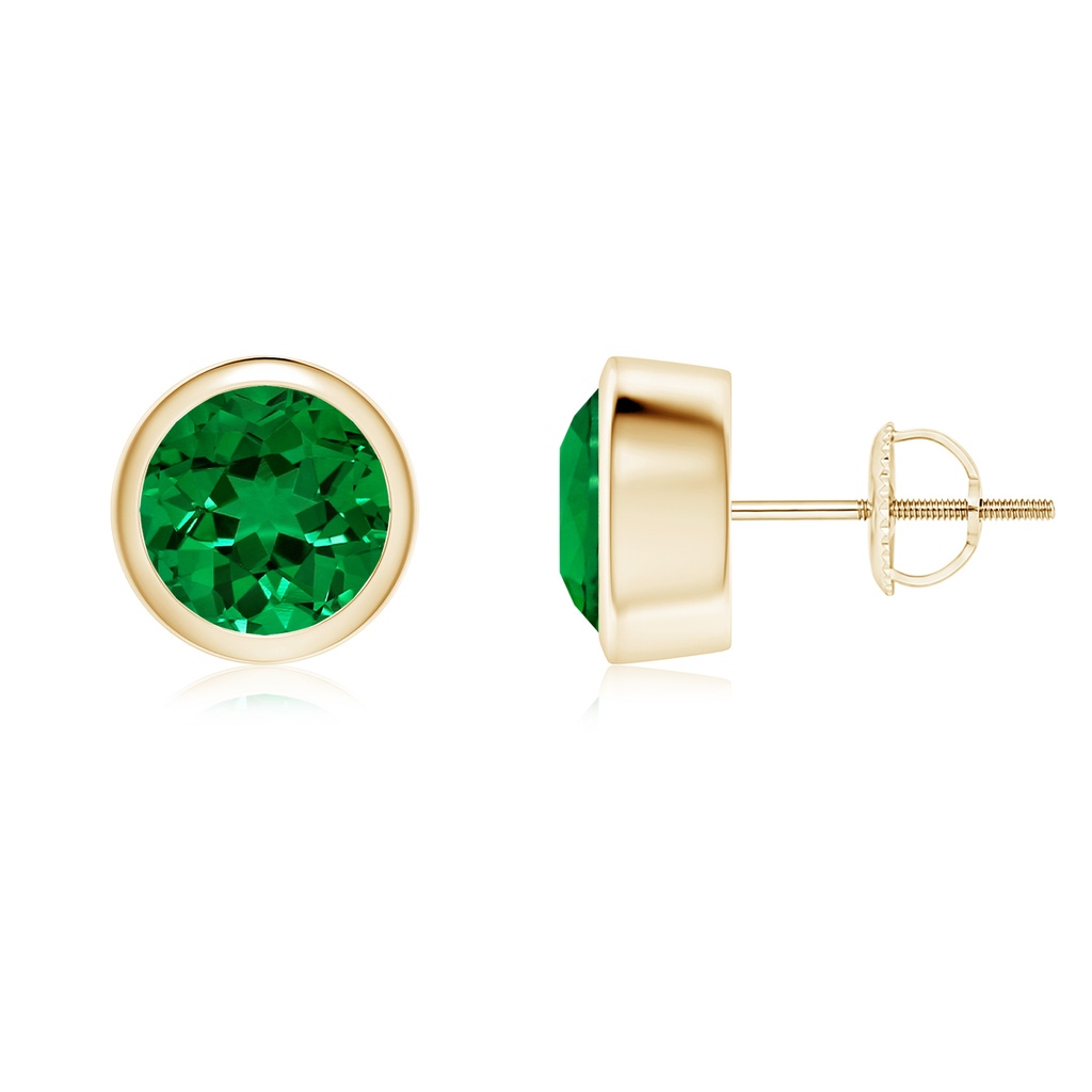 7mm Labgrown Lab-Grown Classic Round Emerald Solitaire Stud Earrings in 18K Yellow Gold