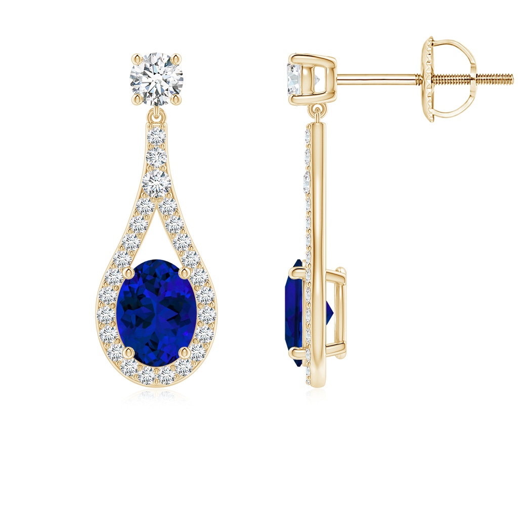 8x6mm Labgrown Lab-Grown Oval Blue Sapphire Drop Earrings with Accents in Yellow Gold