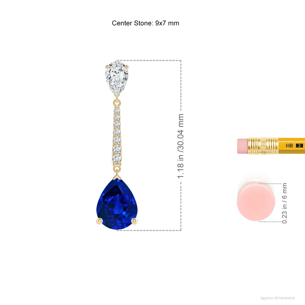 9x7mm Labgrown Lab-Grown Pear-Shaped Blue Sapphire and Diamond Bar Drop Earrings in Yellow Gold ruler