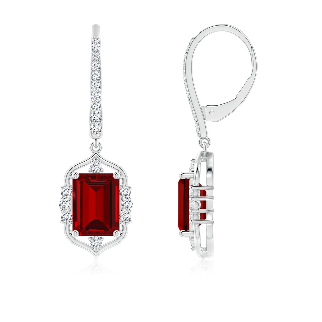 8x6mm Labgrown Lab-Grown Vintage-Inspired Emerald-Cut Ruby Leverback Earrings in White Gold