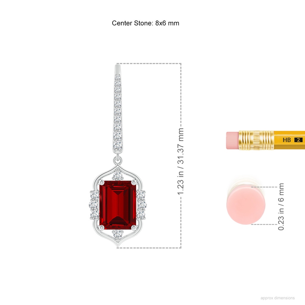 8x6mm Labgrown Lab-Grown Vintage-Inspired Emerald-Cut Ruby Leverback Earrings in White Gold ruler