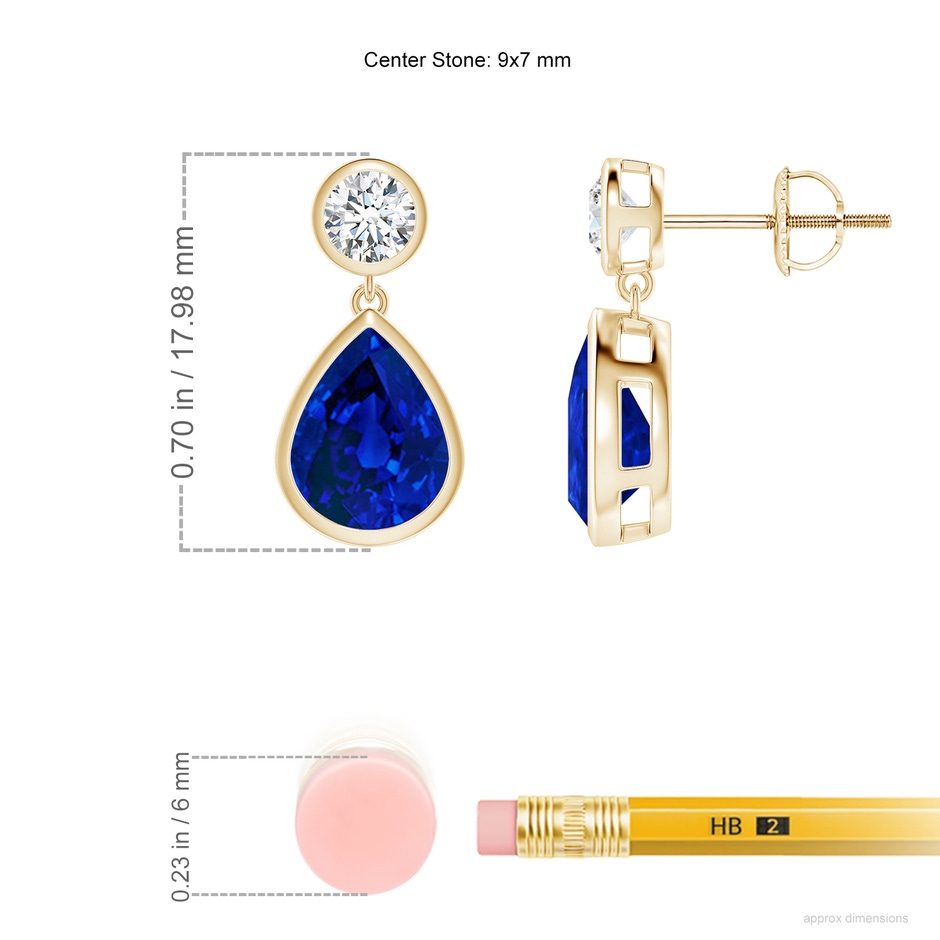 9x7mm Labgrown Lab-Grown Bezel-Set Blue Sapphire Teardrop Earrings in Yellow Gold ruler