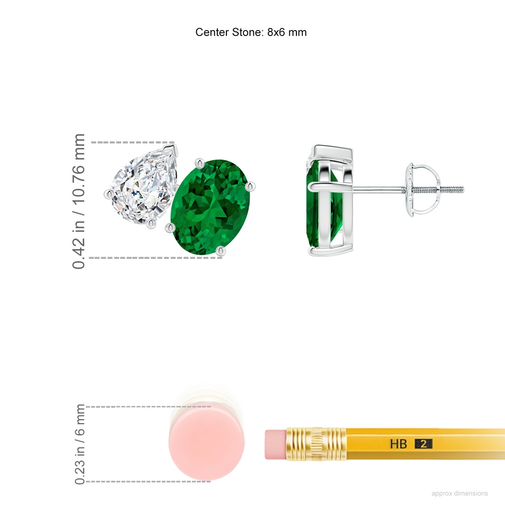 8x6mm Labgrown Lab-Grown Oval Emerald and Pear Diamond Two Stone Earrings in White Gold ruler