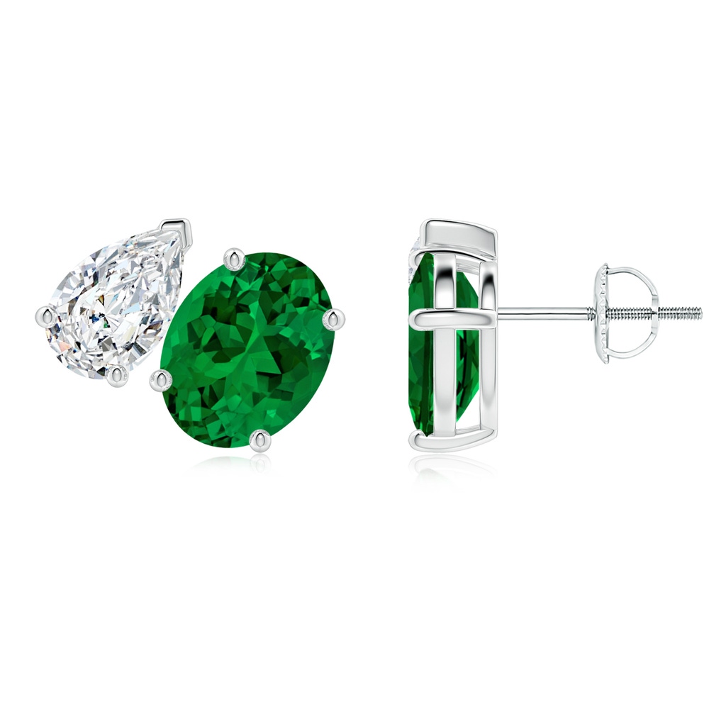 9x7mm Labgrown Lab-Grown Oval Emerald and Pear Diamond Two Stone Earrings in 18K White Gold