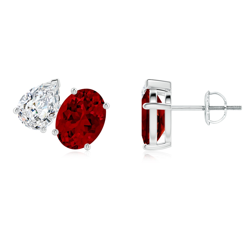 8x6mm Labgrown Lab-Grown Oval Ruby and Pear Diamond Two Stone Earrings in 18K White Gold