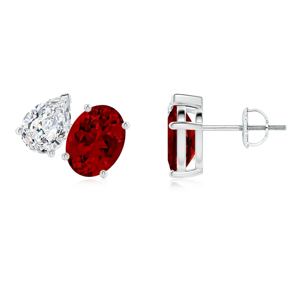 8x6mm Labgrown Lab-Grown Oval Ruby and Pear Diamond Two Stone Earrings in White Gold