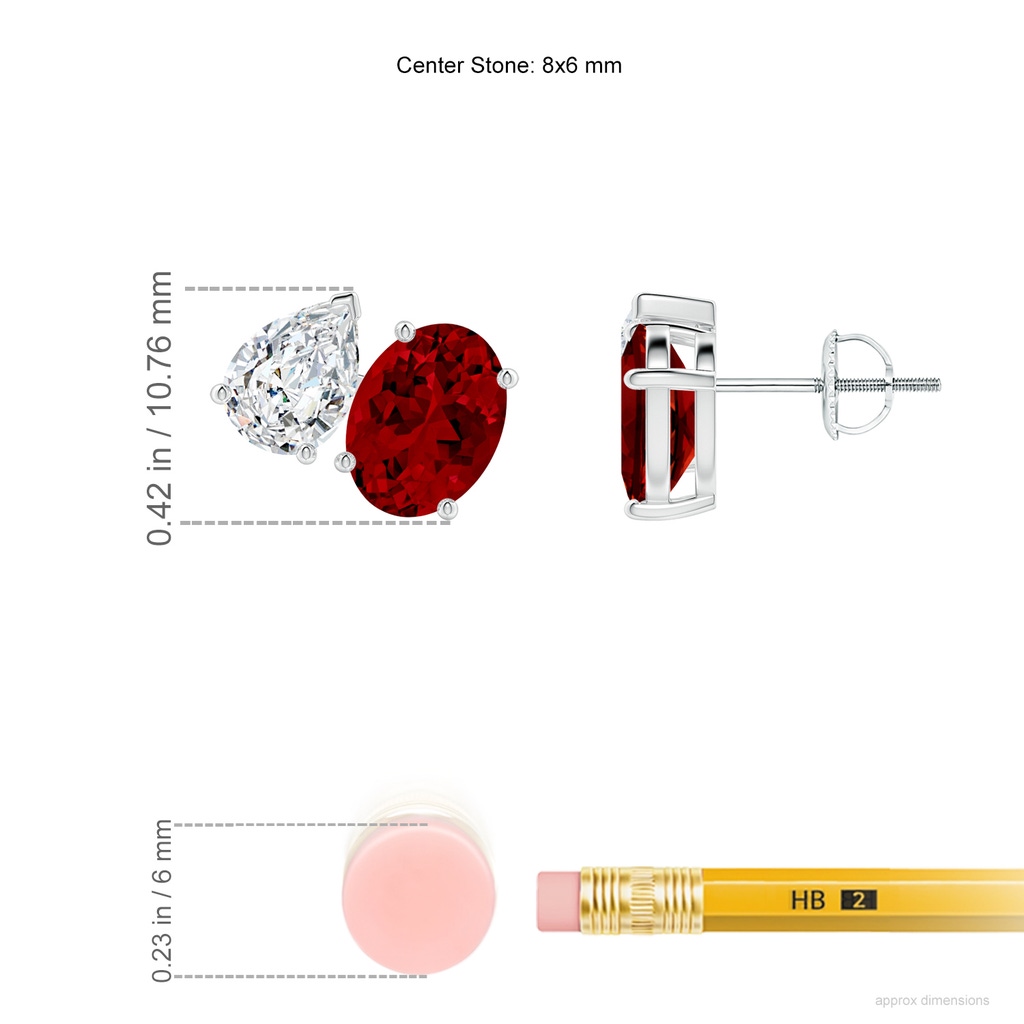 8x6mm Labgrown Lab-Grown Oval Ruby and Pear Diamond Two Stone Earrings in White Gold ruler