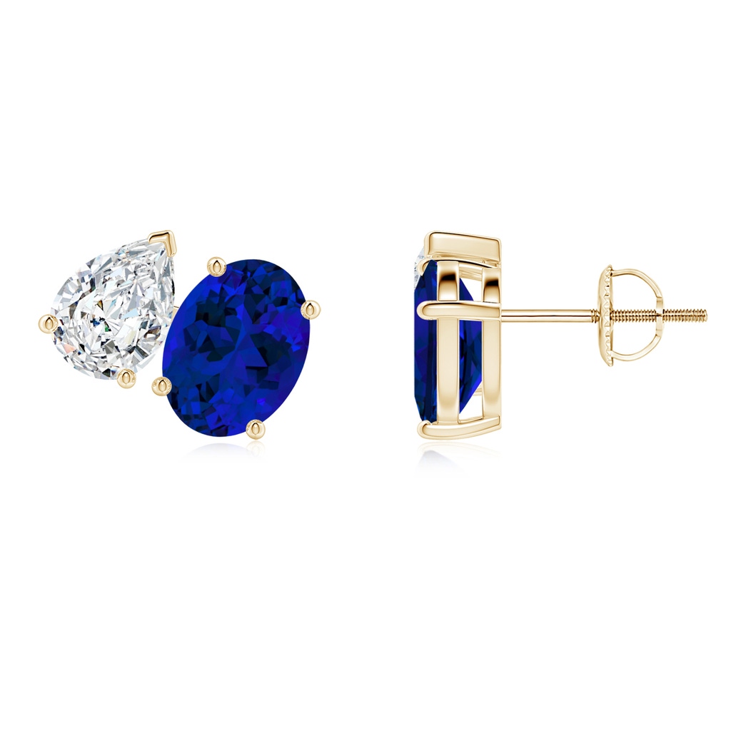8x6mm Labgrown Lab-Grown Oval Blue Sapphire and Pear Diamond Two Stone Earrings in Yellow Gold