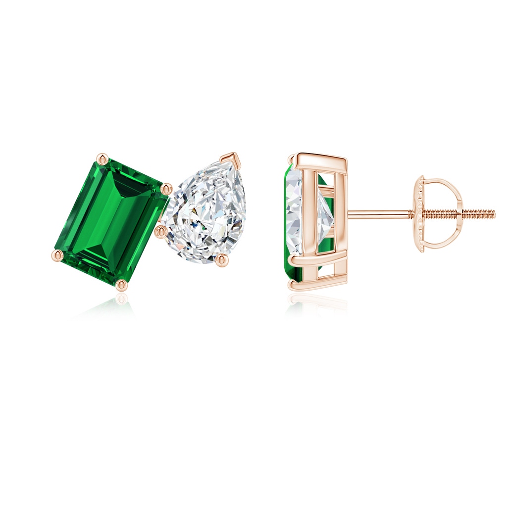 7x5mm Labgrown Lab-Grown Emerald-Cut Emerald and Pear Diamond Two Stone Earrings in Rose Gold