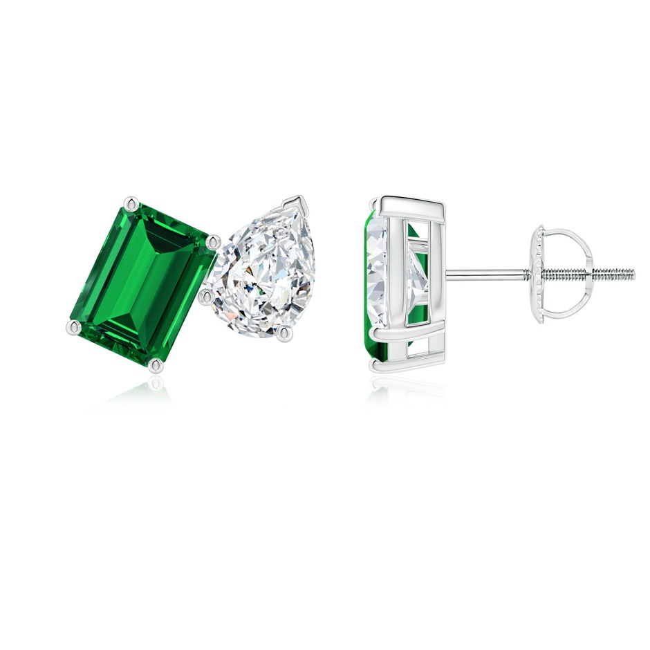 7x5mm Labgrown Lab-Grown Emerald-Cut Emerald and Pear Diamond Two Stone Earrings in White Gold 