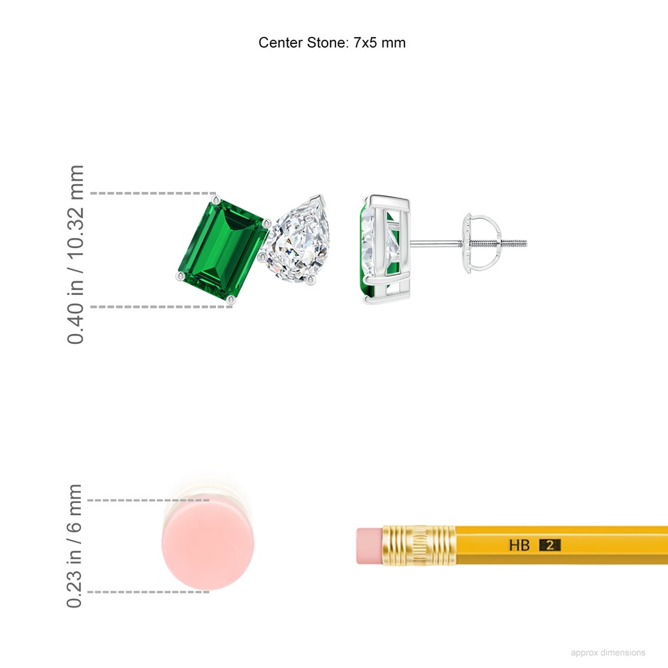 7x5mm Labgrown Lab-Grown Emerald-Cut Emerald and Pear Diamond Two Stone Earrings in White Gold ruler