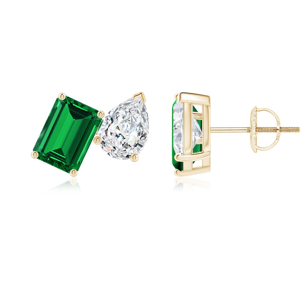 7x5mm Labgrown Lab-Grown Emerald-Cut Emerald and Pear Diamond Two Stone Earrings in Yellow Gold
