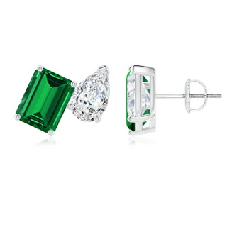 8x6mm Labgrown Lab-Grown Emerald-Cut Emerald and Pear Diamond Two Stone Earrings in 18K White Gold