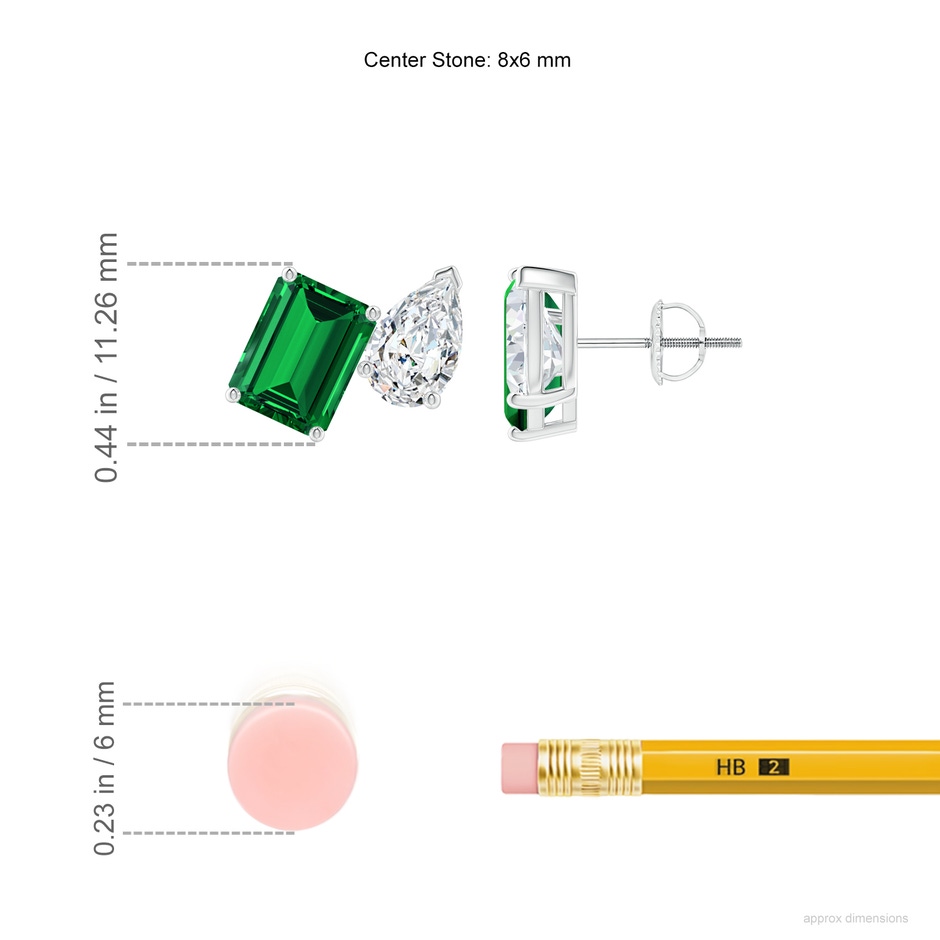 8x6mm Labgrown Lab-Grown Emerald-Cut Emerald and Pear Diamond Two Stone Earrings in 18K White Gold ruler