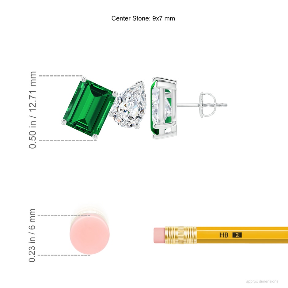 9x7mm Labgrown Lab-Grown Emerald-Cut Emerald and Pear Diamond Two Stone Earrings in P950 Platinum ruler