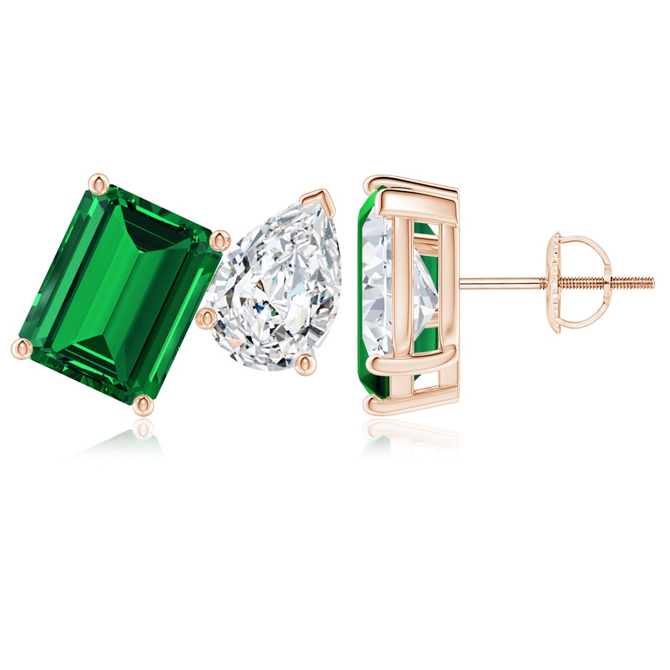 9x7mm Labgrown Lab-Grown Emerald-Cut Emerald and Pear Diamond Two Stone Earrings in Rose Gold 