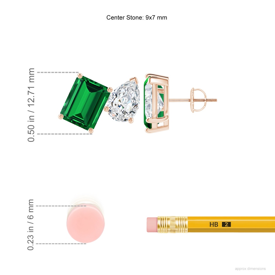 9x7mm Labgrown Lab-Grown Emerald-Cut Emerald and Pear Diamond Two Stone Earrings in Rose Gold ruler