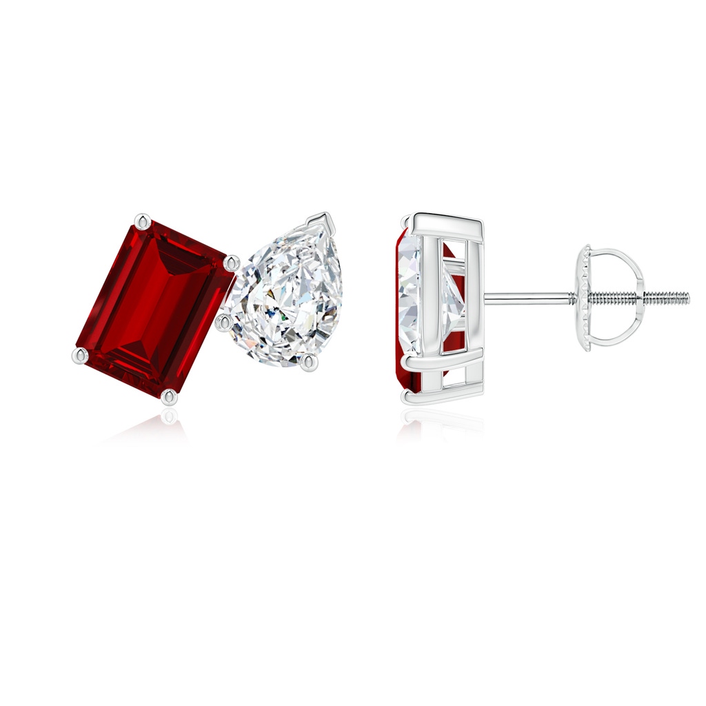 7x5mm Labgrown Lab-Grown Emerald-Cut Ruby and Pear Diamond Two Stone Earrings in White Gold