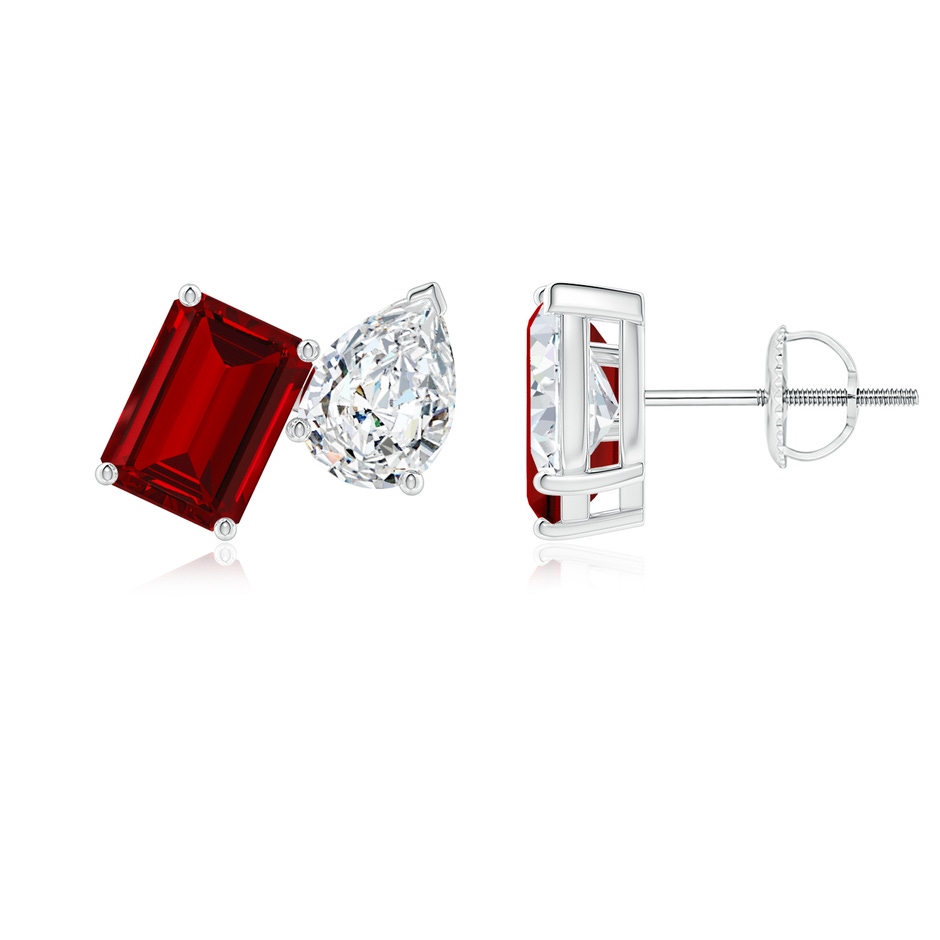 7x5mm Labgrown Lab-Grown Emerald-Cut Ruby and Pear Diamond Two Stone Earrings in White Gold 