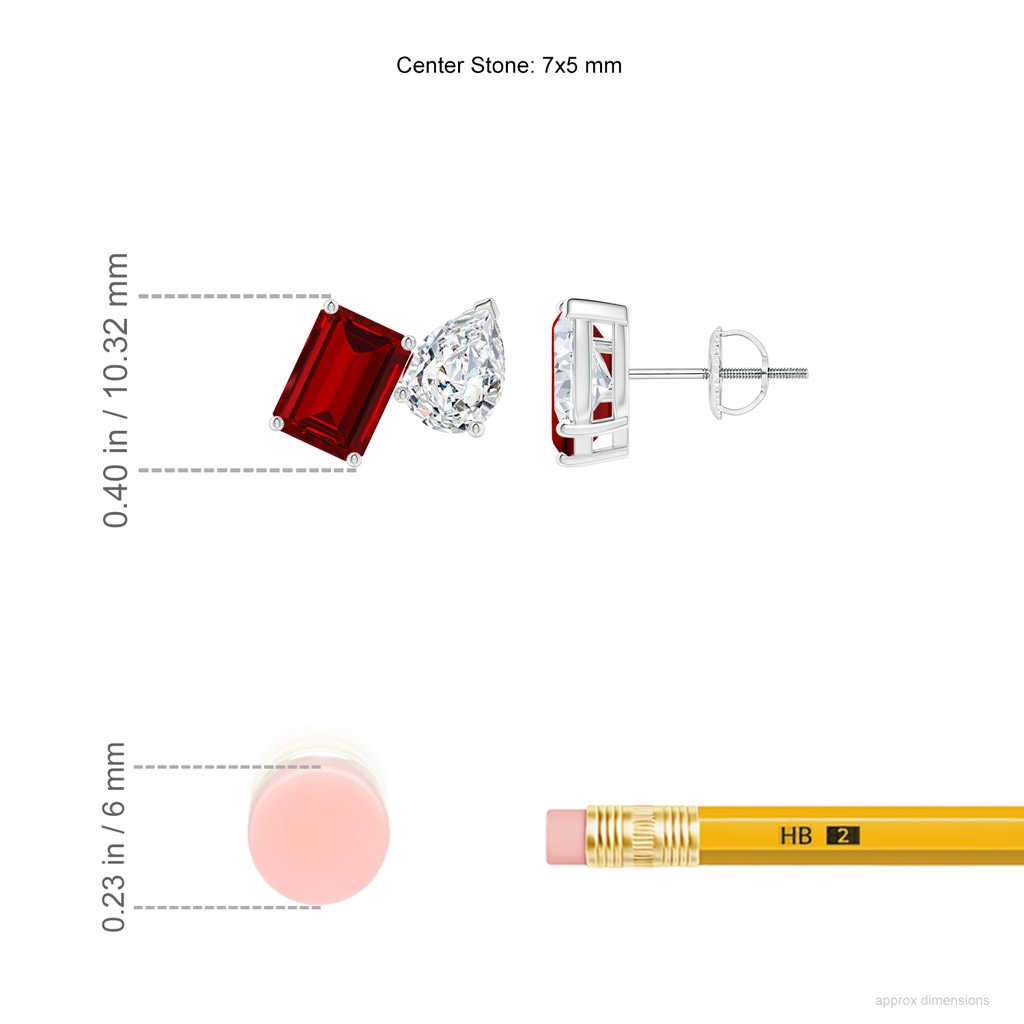 7x5mm Labgrown Lab-Grown Emerald-Cut Ruby and Pear Diamond Two Stone Earrings in White Gold ruler