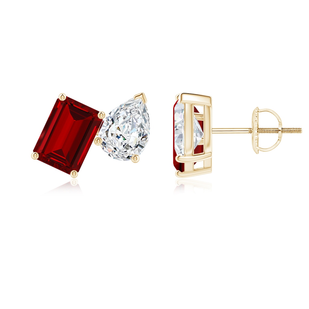 7x5mm Labgrown Lab-Grown Emerald-Cut Ruby and Pear Diamond Two Stone Earrings in Yellow Gold