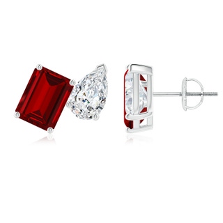 8x6mm Labgrown Lab-Grown Emerald-Cut Ruby and Pear Diamond Two Stone Earrings in P950 Platinum