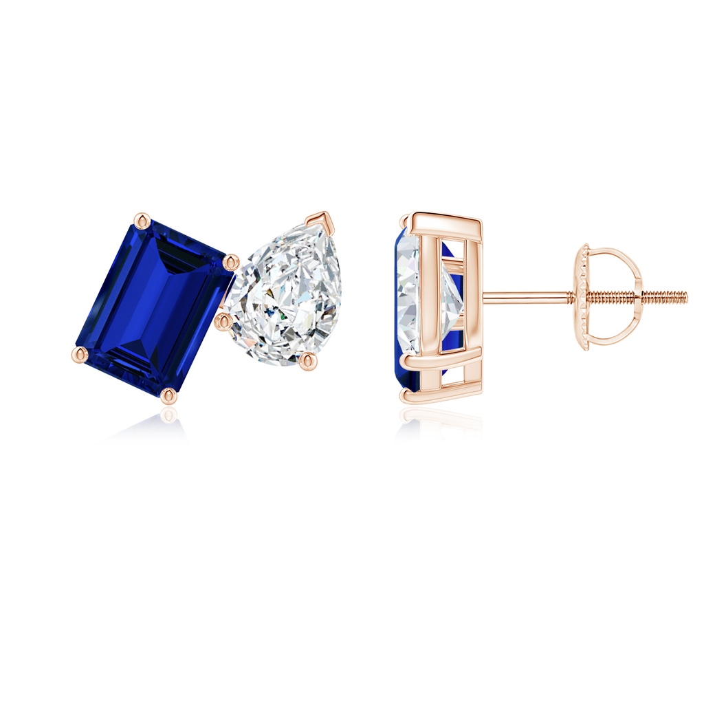 7x5mm Labgrown Lab-Grown Emerald-Cut Blue Sapphire and Pear Diamond Two Stone Earrings in Rose Gold