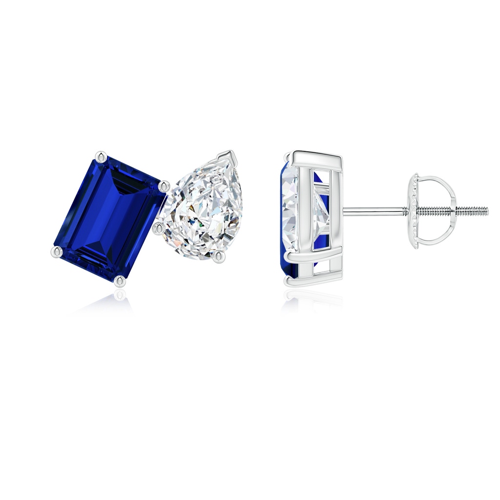 7x5mm Labgrown Lab-Grown Emerald-Cut Blue Sapphire and Pear Diamond Two Stone Earrings in White Gold
