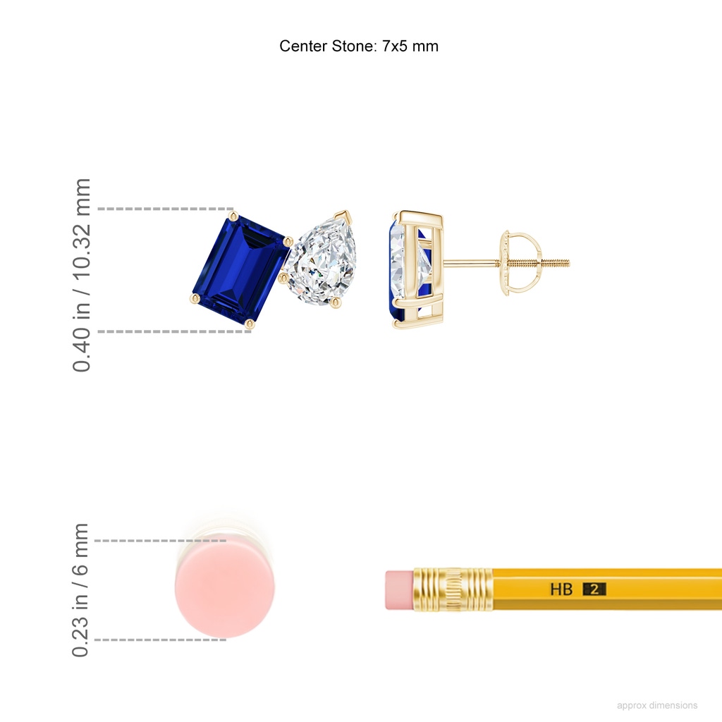7x5mm Labgrown Lab-Grown Emerald-Cut Blue Sapphire and Pear Diamond Two Stone Earrings in Yellow Gold ruler