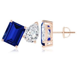 9x7mm Labgrown Lab-Grown Emerald-Cut Blue Sapphire and Pear Diamond Two Stone Earrings in Rose Gold