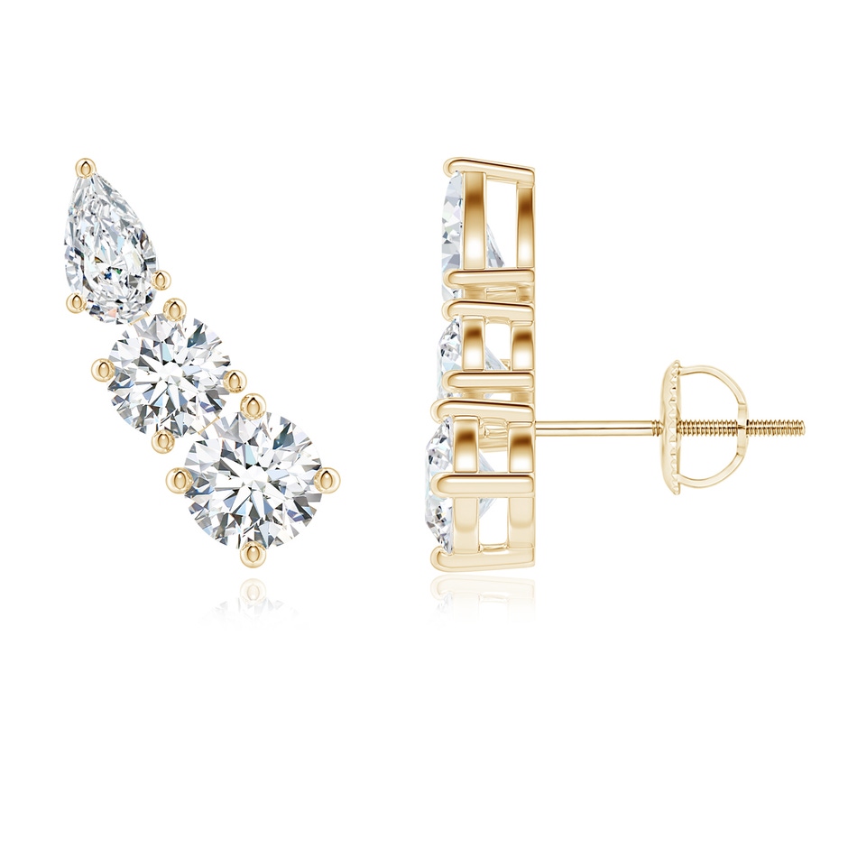 4.5mm FGVS Lab-Grown Round and Pear Diamond Three Stone Climber Earrings in Yellow Gold 