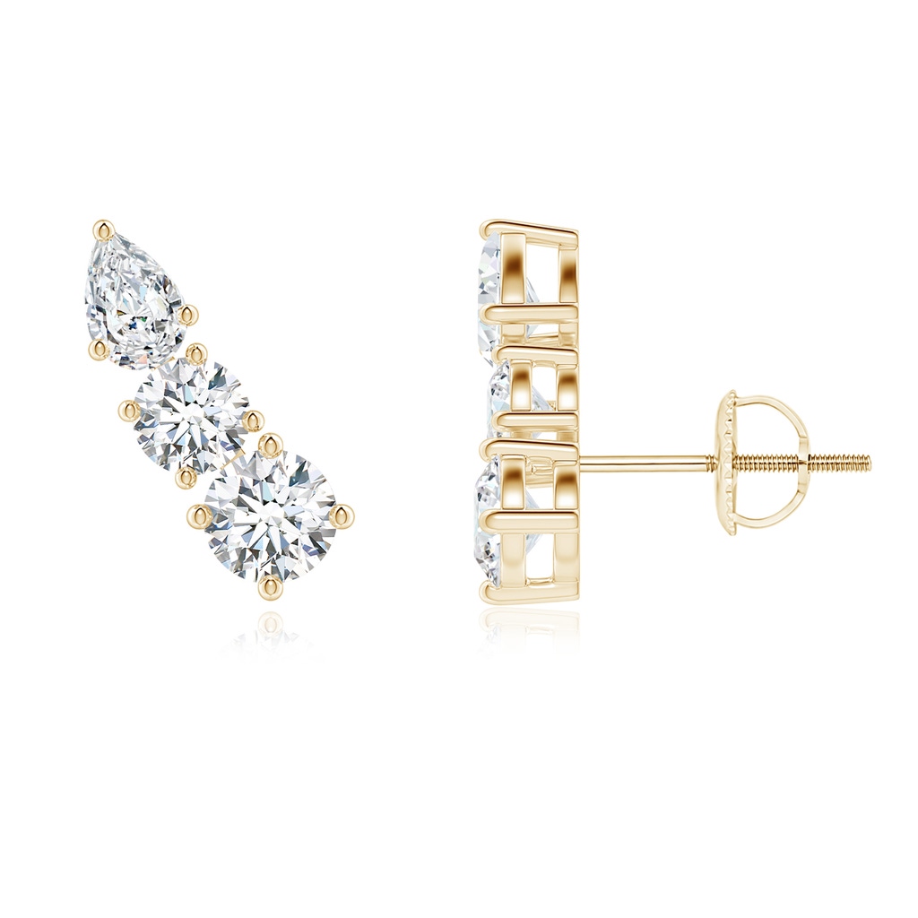 4mm FGVS Lab-Grown Round and Pear Diamond Three Stone Climber Earrings in Yellow Gold 