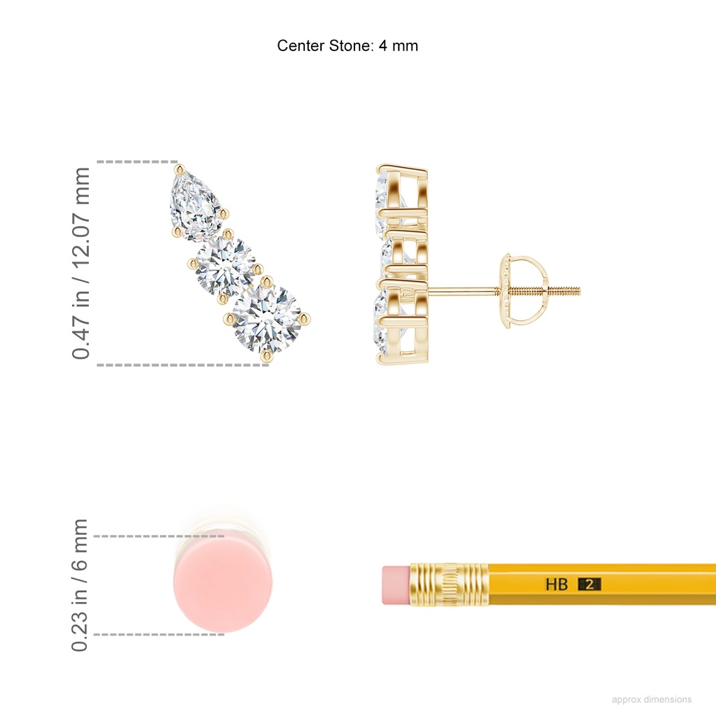 4mm FGVS Lab-Grown Round and Pear Diamond Three Stone Climber Earrings in Yellow Gold ruler