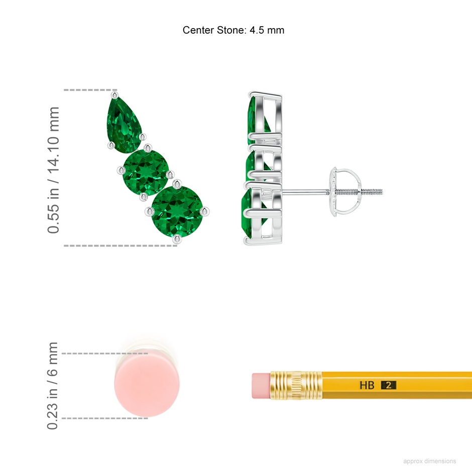 4.5mm Labgrown Lab-Grown Round and Pear Emerald Three Stone Climber Earrings in White Gold ruler