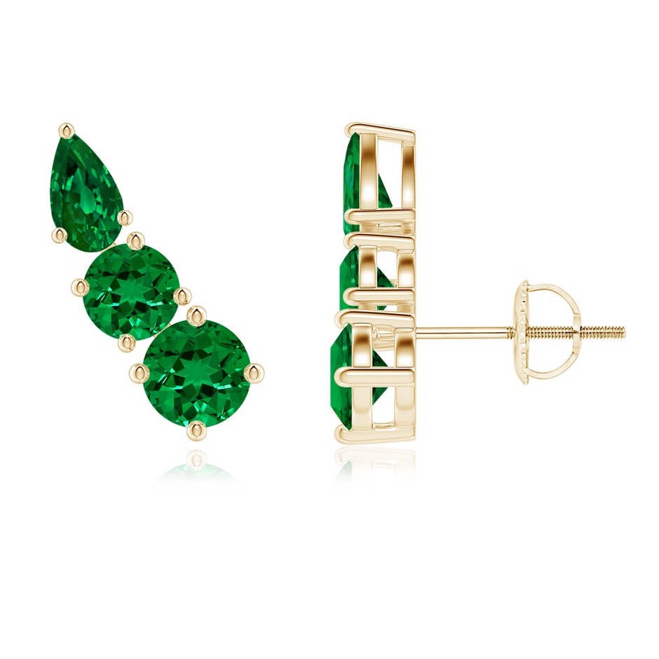 4.5mm Labgrown Lab-Grown Round and Pear Emerald Three Stone Climber Earrings in Yellow Gold 