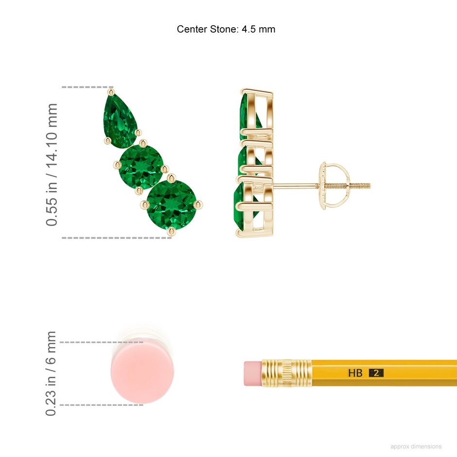 4.5mm Labgrown Lab-Grown Round and Pear Emerald Three Stone Climber Earrings in Yellow Gold ruler