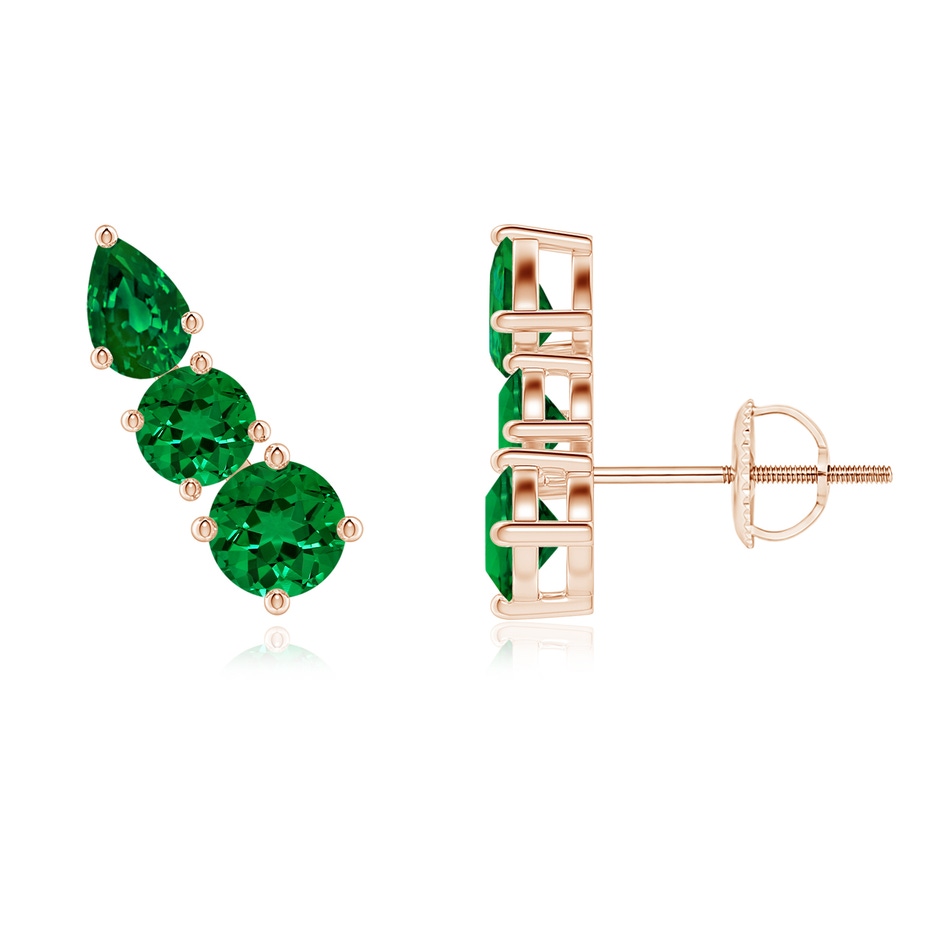 4mm Labgrown Lab-Grown Round and Pear Emerald Three Stone Climber Earrings in Rose Gold 