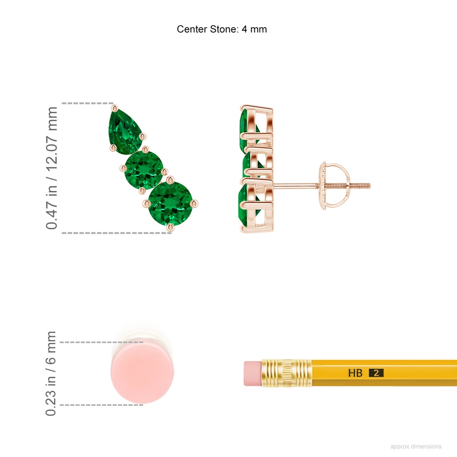 4mm Labgrown Lab-Grown Round and Pear Emerald Three Stone Climber Earrings in Rose Gold ruler