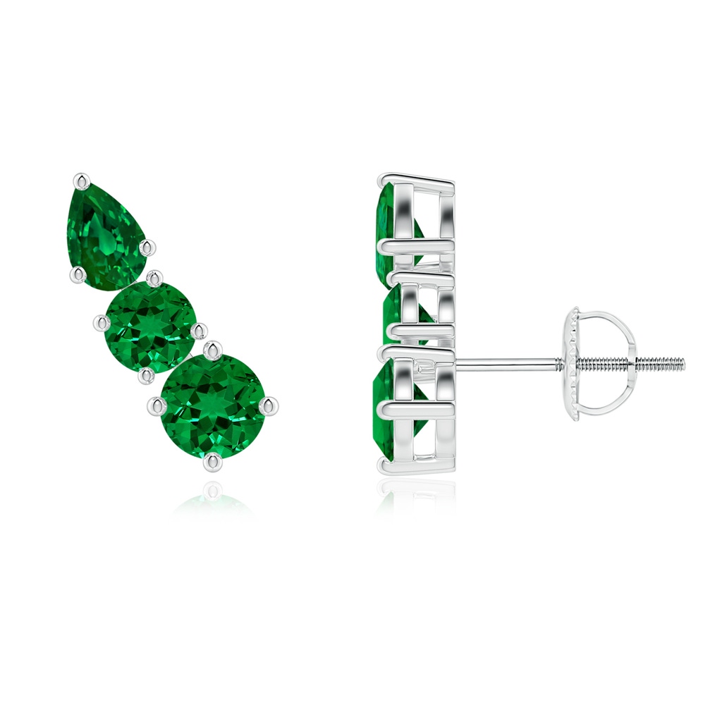 4mm Labgrown Lab-Grown Round and Pear Emerald Three Stone Climber Earrings in White Gold
