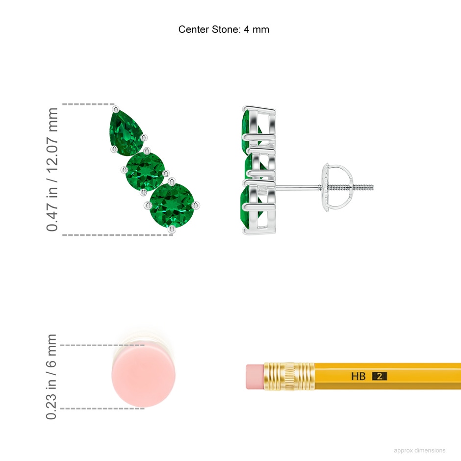 4mm Labgrown Lab-Grown Round and Pear Emerald Three Stone Climber Earrings in White Gold ruler