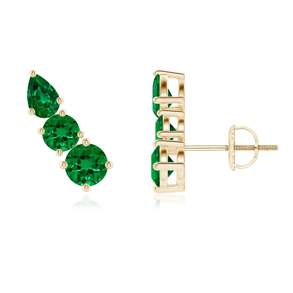 4mm Labgrown Lab-Grown Round and Pear Emerald Three Stone Climber Earrings in Yellow Gold
