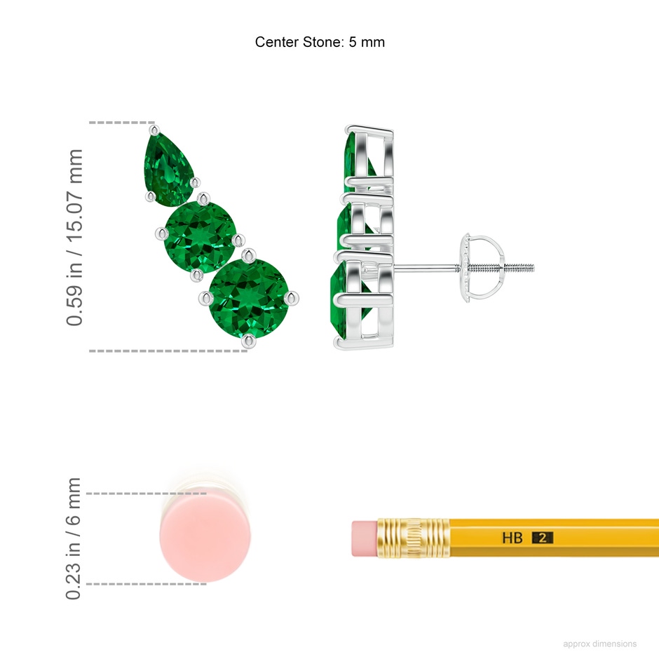 5mm Labgrown Lab-Grown Round and Pear Emerald Three Stone Climber Earrings in 18K White Gold ruler