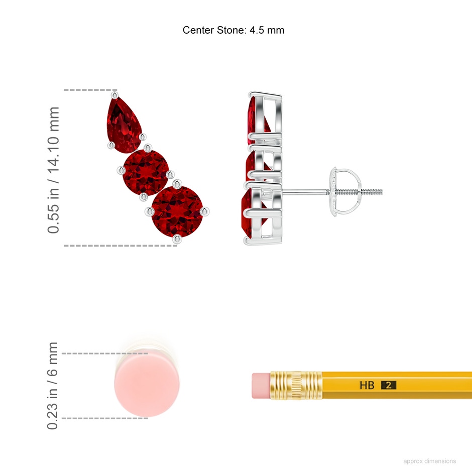 4.5mm Labgrown Lab-Grown Round and Pear Ruby Three Stone Climber Earrings in P950 Platinum ruler