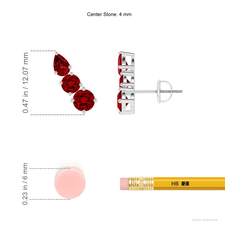 4mm Labgrown Lab-Grown Round and Pear Ruby Three Stone Climber Earrings in White Gold ruler