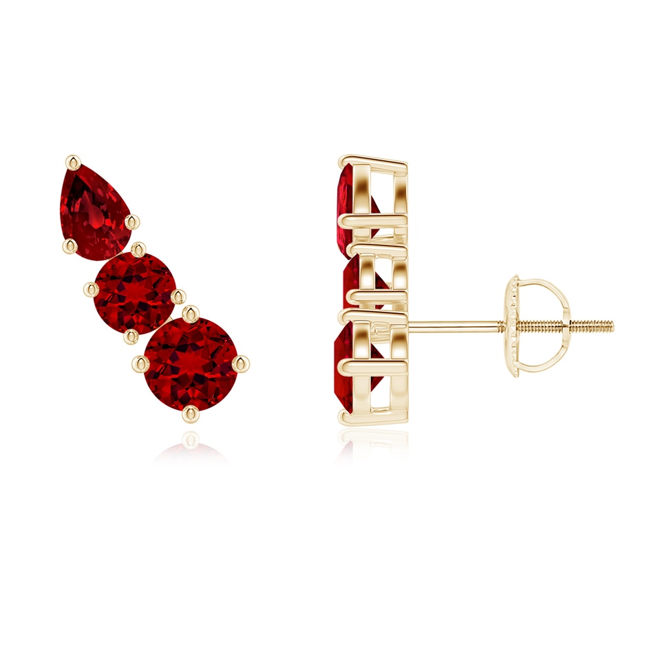 4mm Labgrown Lab-Grown Round and Pear Ruby Three Stone Climber Earrings in Yellow Gold 