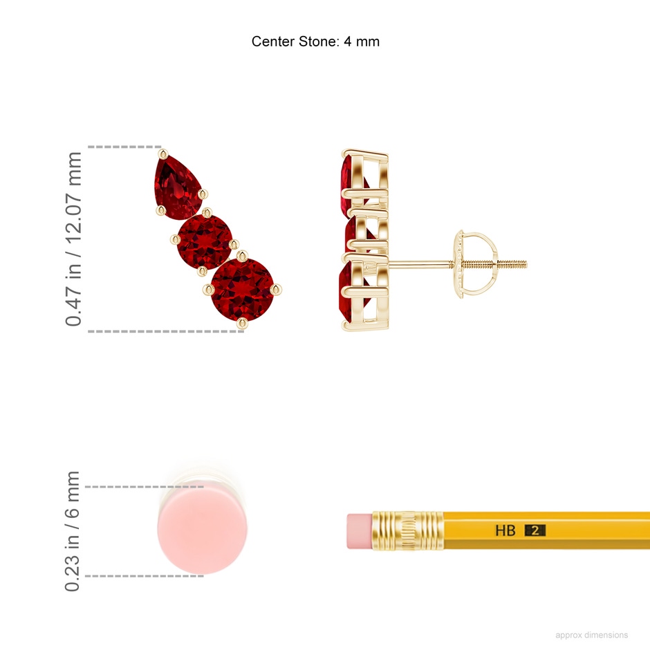 4mm Labgrown Lab-Grown Round and Pear Ruby Three Stone Climber Earrings in Yellow Gold ruler