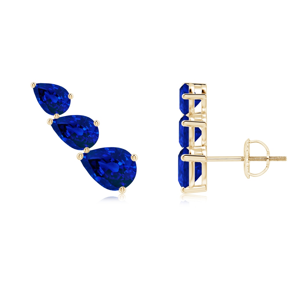 7x5mm Labgrown Lab-Grown Pear-Shaped Blue Sapphire Three Stone Climber Earrings in Yellow Gold