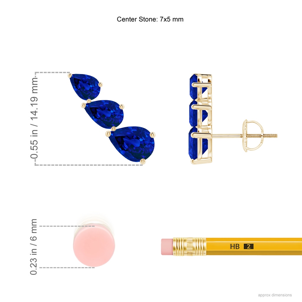7x5mm Labgrown Lab-Grown Pear-Shaped Blue Sapphire Three Stone Climber Earrings in Yellow Gold ruler